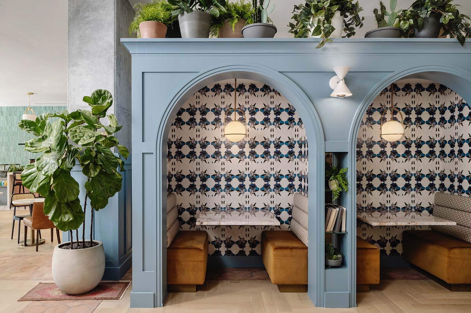 Modern living room with wallpapered feature wall